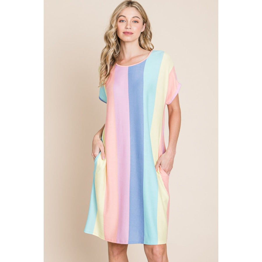 BOMBOM Striped Short Sleeve Dress with Pockets Stripe / S Apparel and Accessories