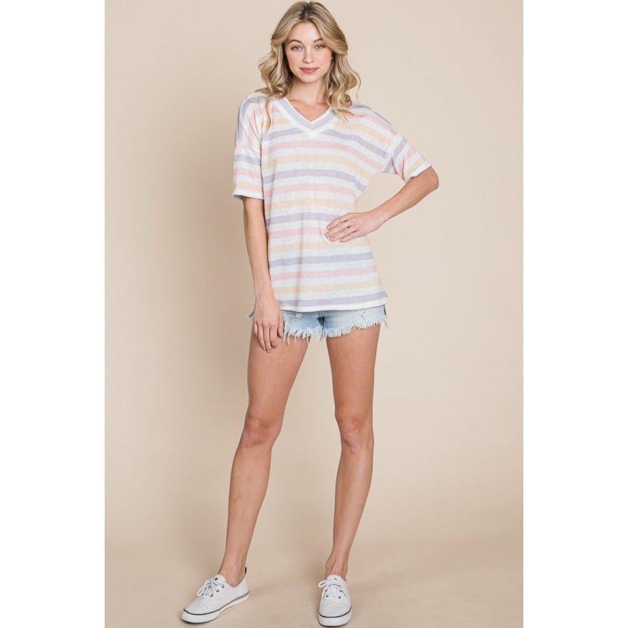 BOMBOM Striped V - Neck Short Sleeve T - Shirt Apparel and Accessories