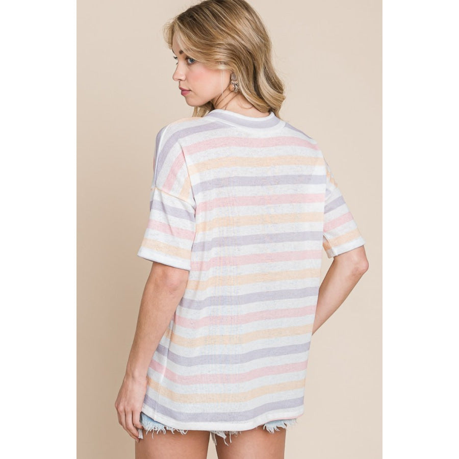 BOMBOM Striped V - Neck Short Sleeve T - Shirt Apparel and Accessories