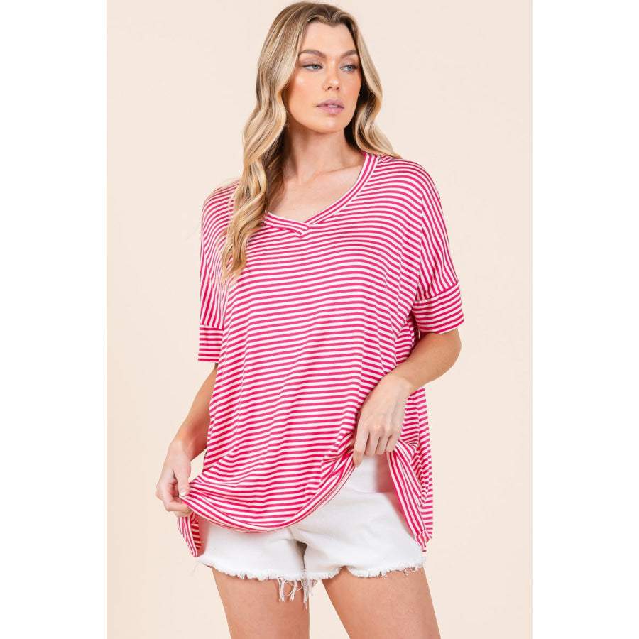 BOMBOM Striped V - Neck T - Shirt Apparel and Accessories