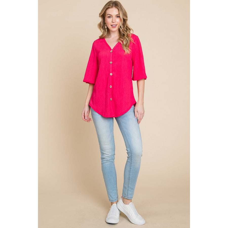 BOMBOM Texture Decorative Button V - Neck Top Apparel and Accessories