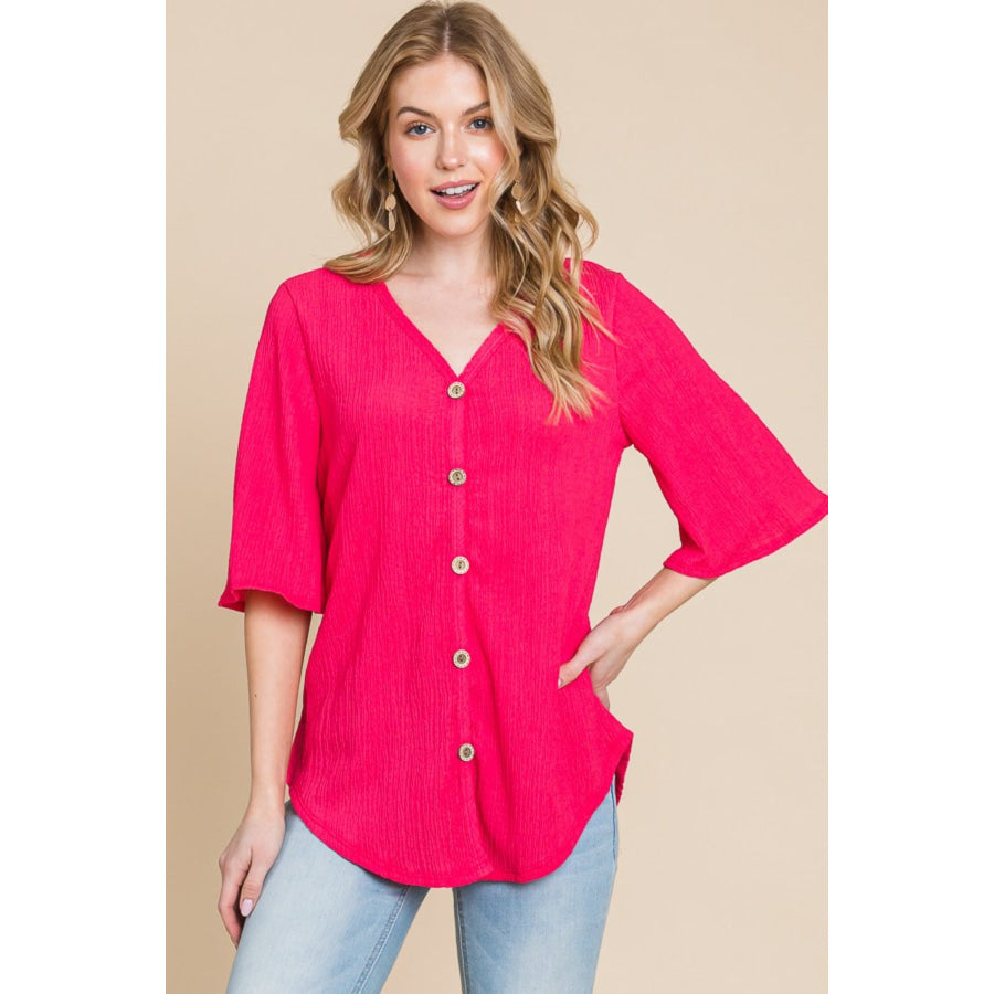 BOMBOM Texture Decorative Button V - Neck Top Apparel and Accessories