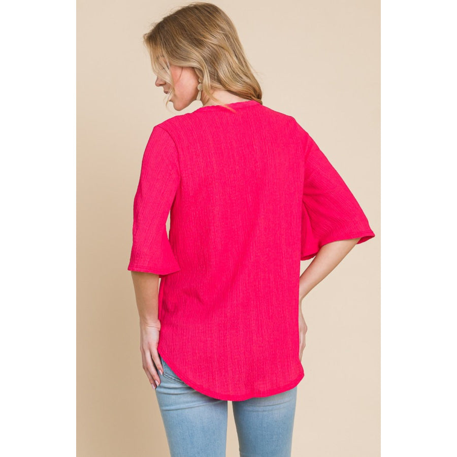 BOMBOM Texture Decorative Button V - Neck Top Fuchsia / S Apparel and Accessories