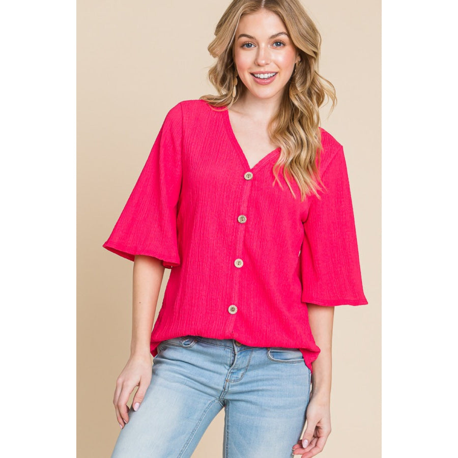 BOMBOM Texture Decorative Button V - Neck Top Fuchsia / S Apparel and Accessories