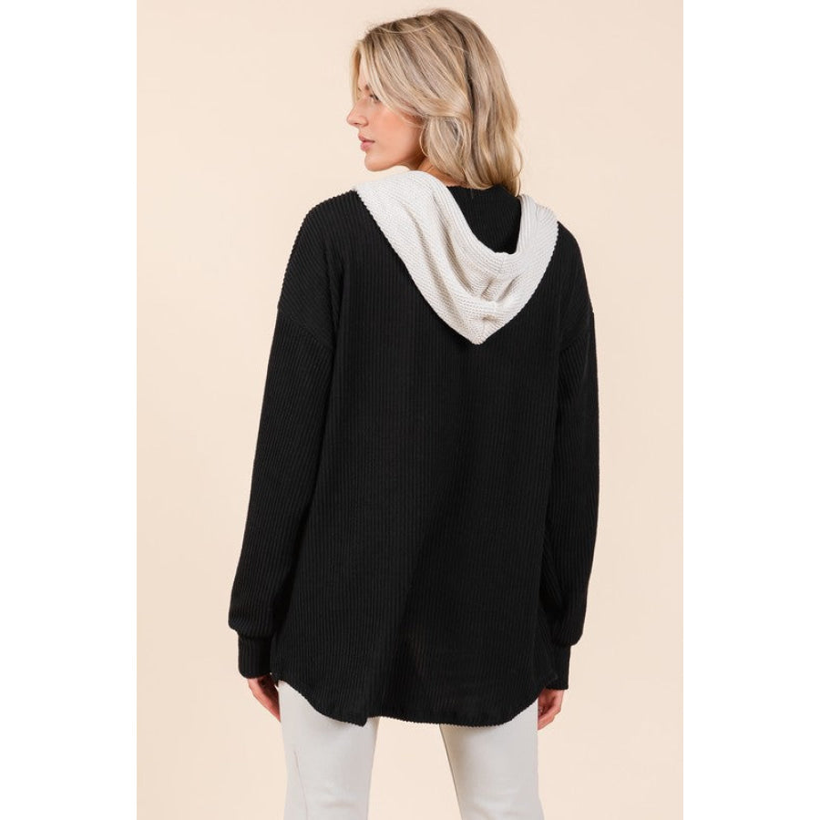 BOMBOM Textured Button Down Drawstring Hooded Shacket Black / S Apparel and Accessories