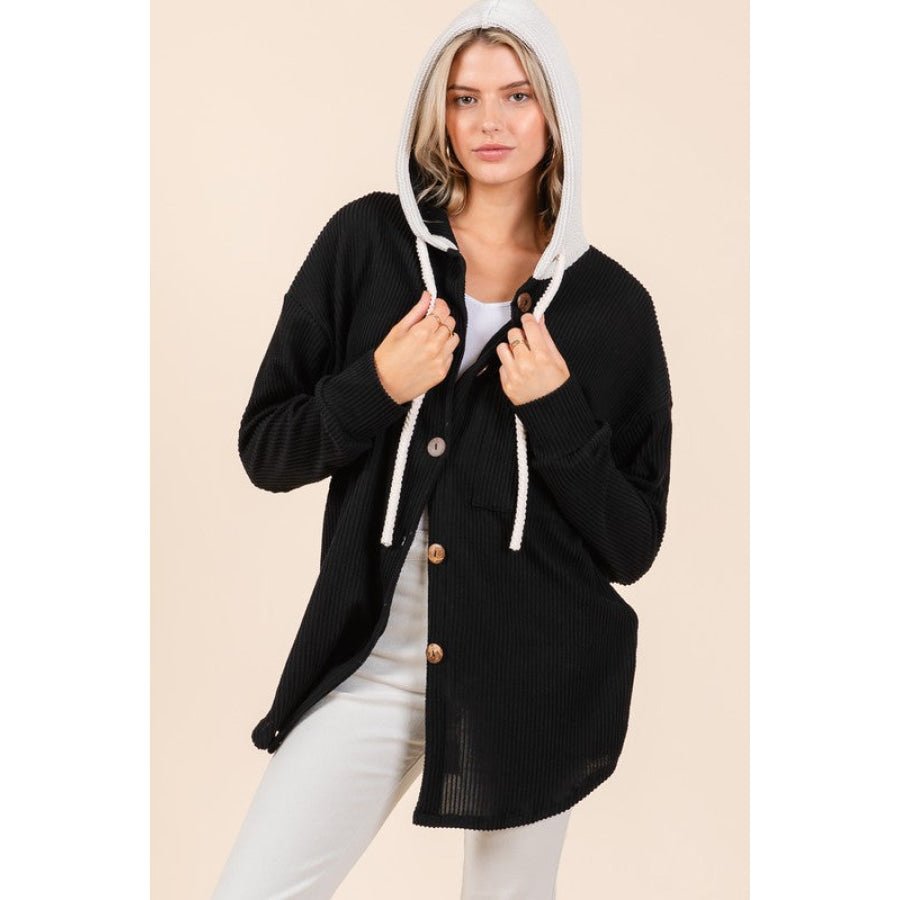 BOMBOM Textured Button Down Drawstring Hooded Shacket Apparel and Accessories