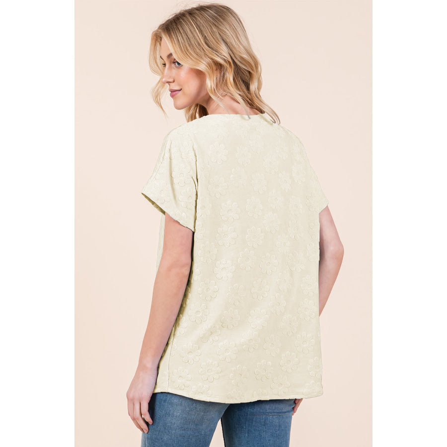 BOMBOM Textured Floral Pattern Short Sleeve T-Shirt Cream / S Apparel and Accessories