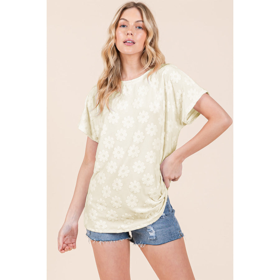 BOMBOM Textured Floral Pattern Short Sleeve T-Shirt Apparel and Accessories