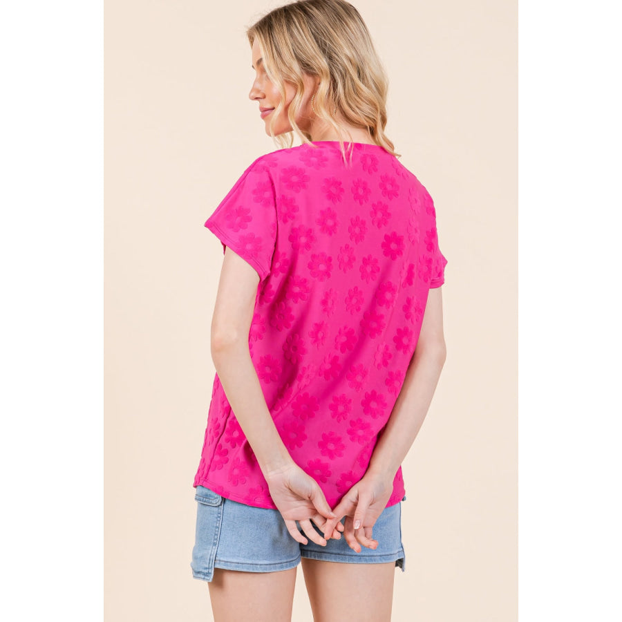 BOMBOM Textured Floral Pattern Short Sleeve T-Shirt Apparel and Accessories