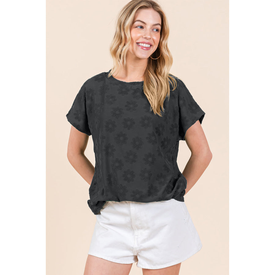 BOMBOM Textured Floral Pattern Short Sleeve T-Shirt Black / S Apparel and Accessories