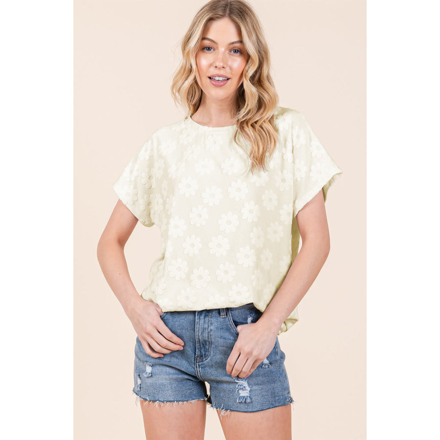 BOMBOM Textured Floral Pattern Short Sleeve T-Shirt Cream / S Apparel and Accessories