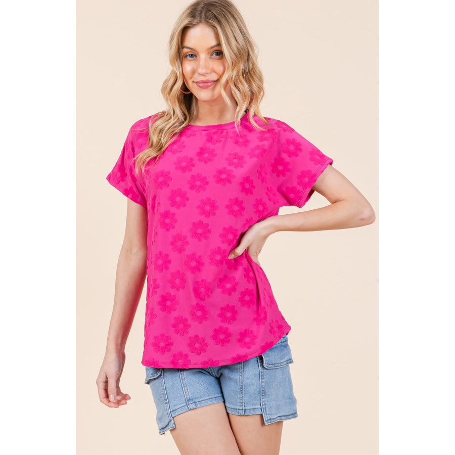 BOMBOM Textured Floral Pattern Short Sleeve T-Shirt Fuchsia / S Apparel and Accessories