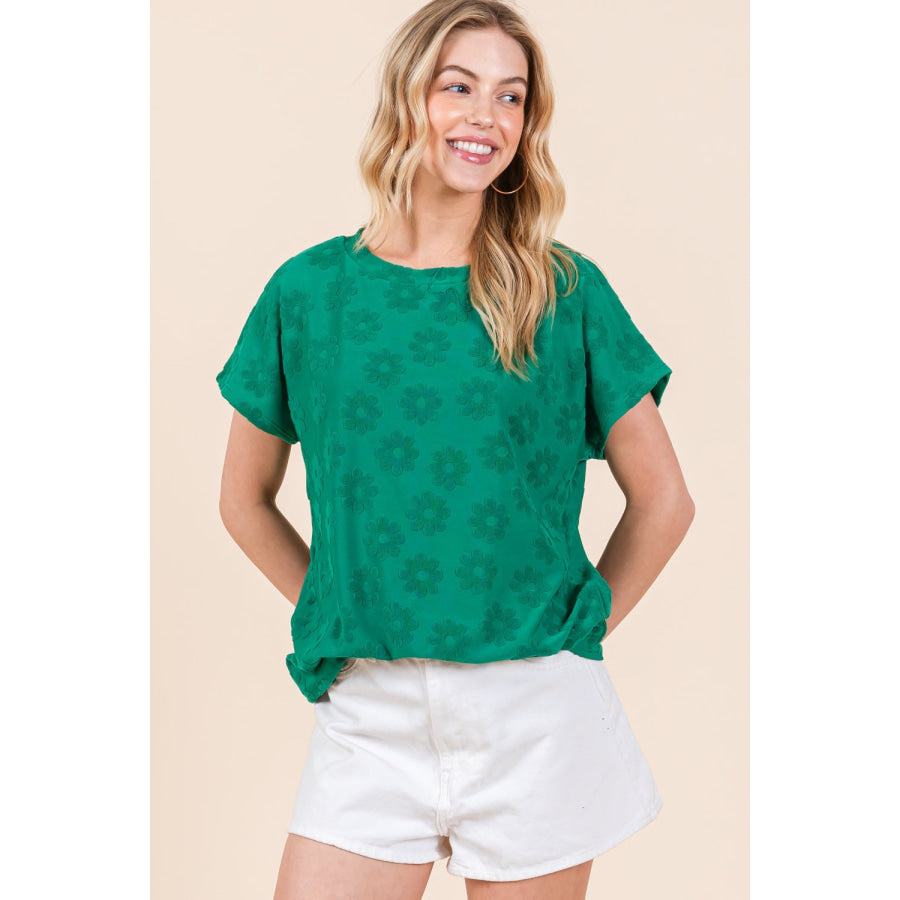 BOMBOM Textured Floral Pattern Short Sleeve T-Shirt Green / S Apparel and Accessories