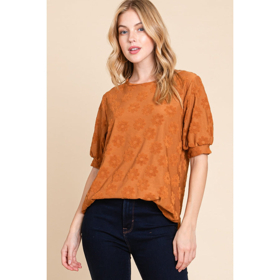 BOMBOM Textured Floral Pattern Top Apparel and Accessories