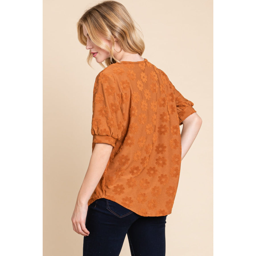 BOMBOM Textured Floral Pattern Top Apparel and Accessories