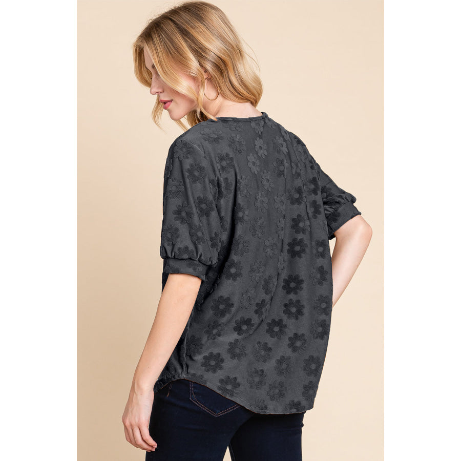 BOMBOM Textured Floral Pattern Top Apparel and Accessories