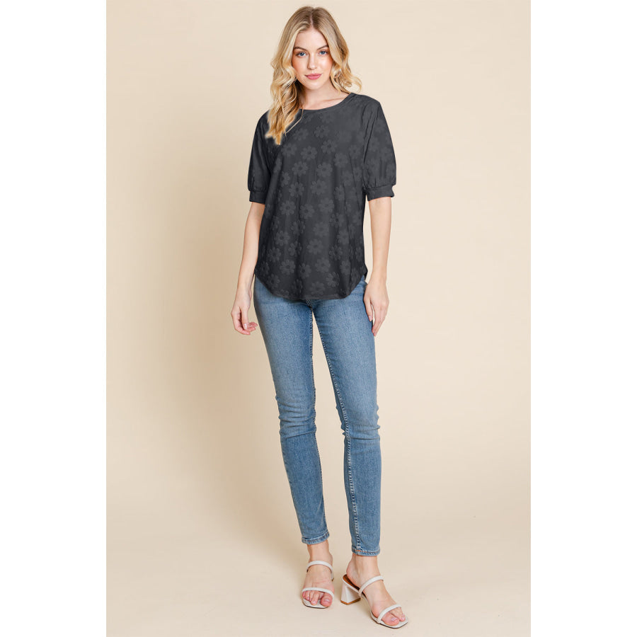 BOMBOM Textured Floral Pattern Top Apparel and Accessories