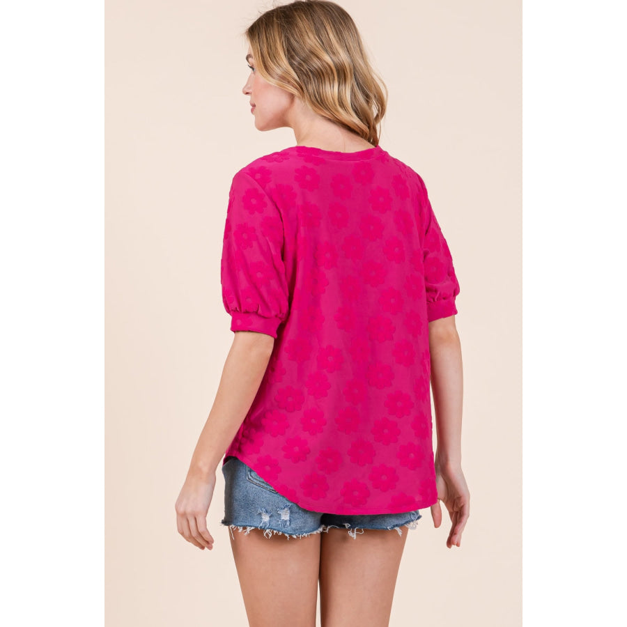 BOMBOM Textured Floral Pattern Top Apparel and Accessories