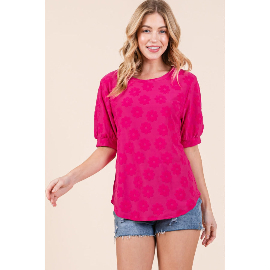 BOMBOM Textured Floral Pattern Top Apparel and Accessories