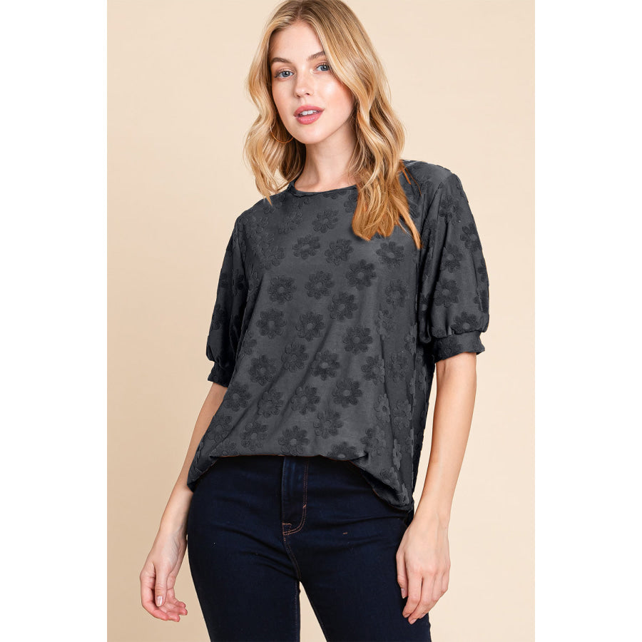 BOMBOM Textured Floral Pattern Top Black / S Apparel and Accessories