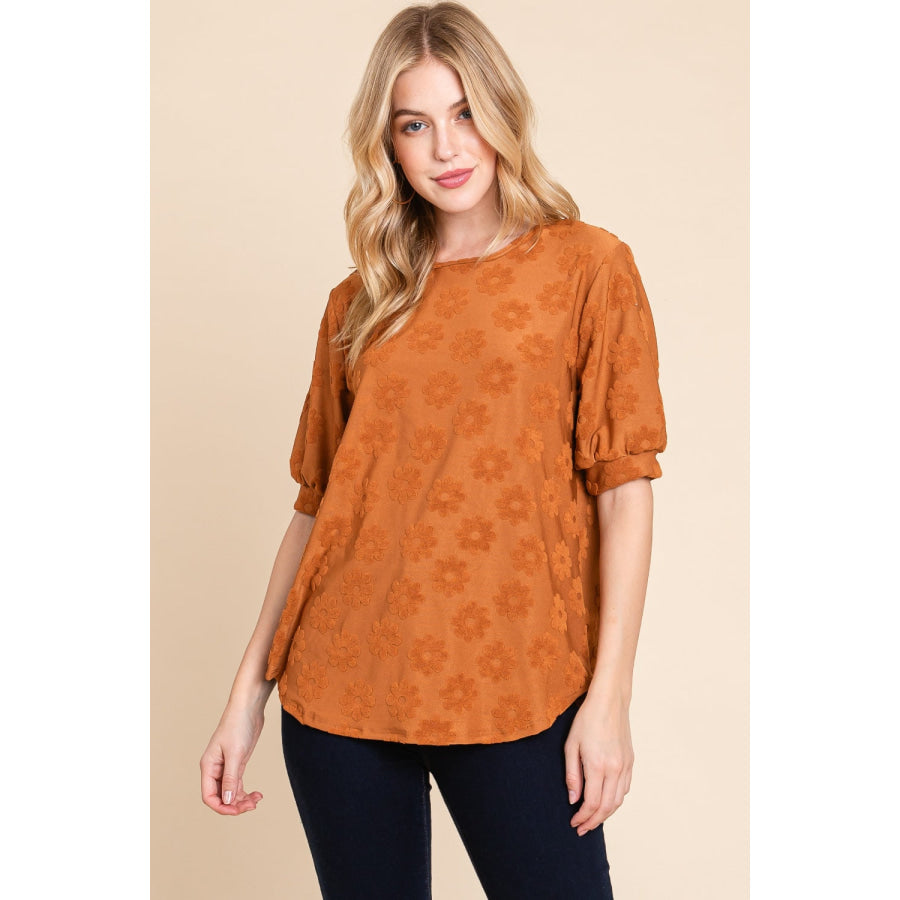 BOMBOM Textured Floral Pattern Top Camel / S Apparel and Accessories