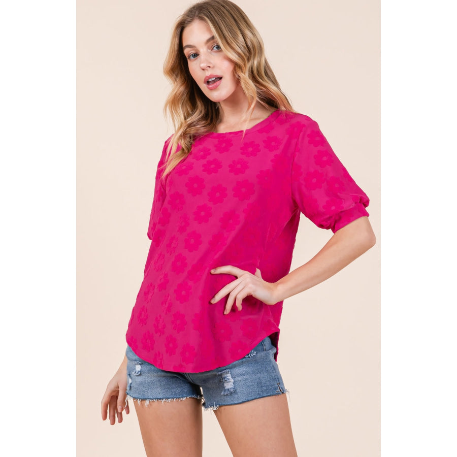 BOMBOM Textured Floral Pattern Top Fuchsia / S Apparel and Accessories