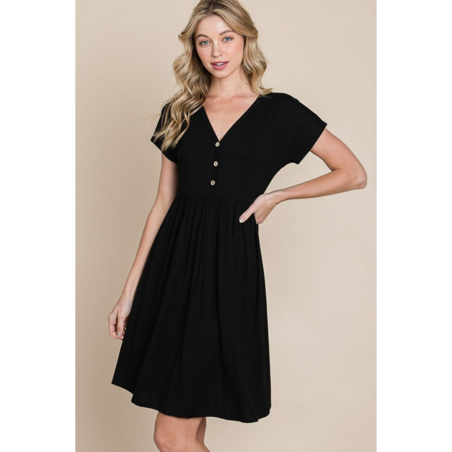 BOMBOM V-Neck Short Sleeve Dress Black / S Apparel and Accessories