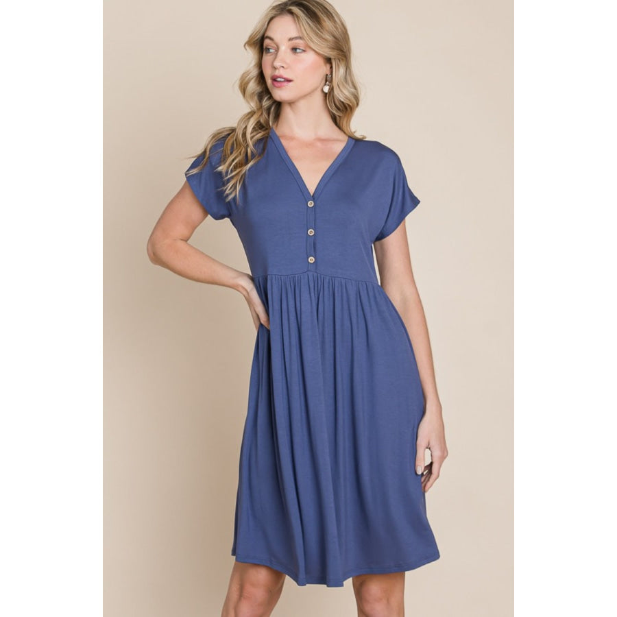 BOMBOM V-Neck Short Sleeve Dress Blue / S Apparel and Accessories