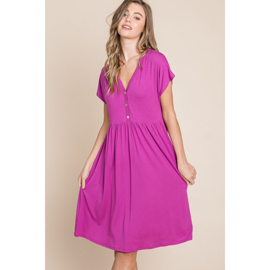 BOMBOM V-Neck Short Sleeve Dress Magenta / S Apparel and Accessories