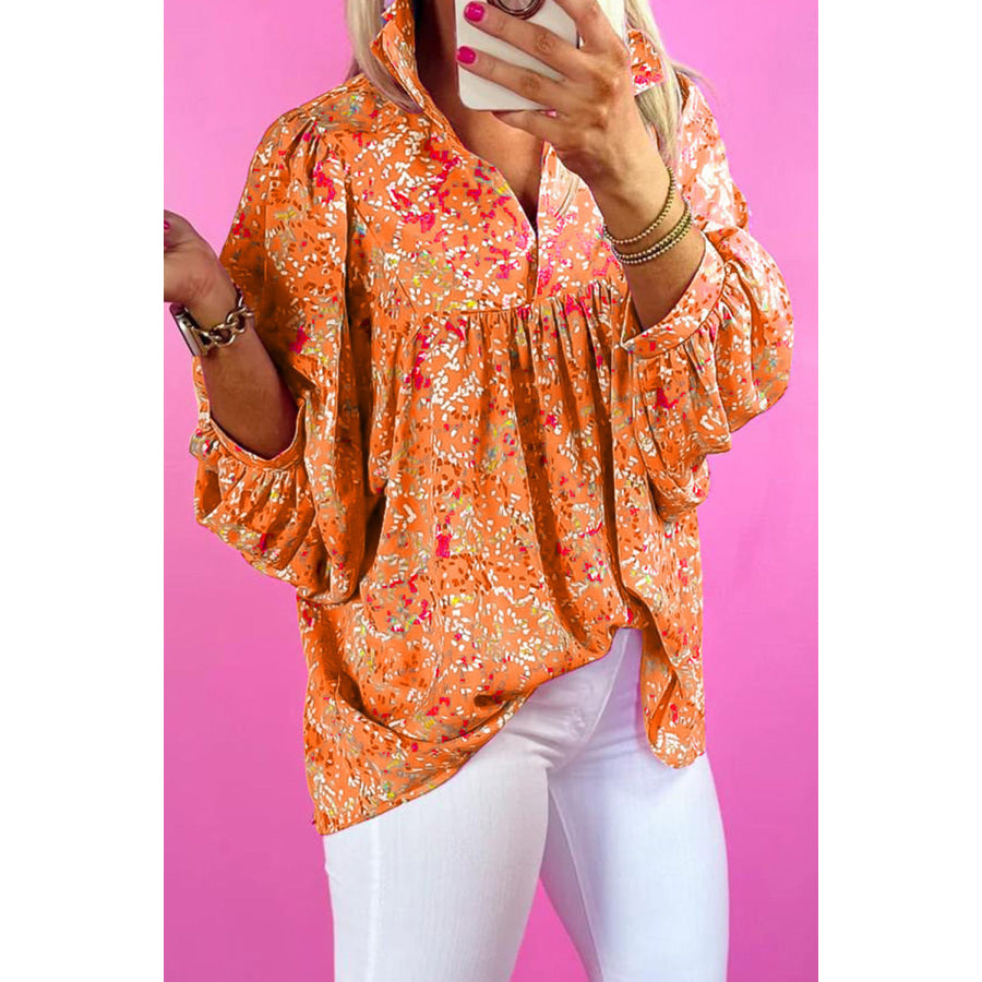 Bonbon Abstract Print Collared V Neck Babydoll Blouse Orange / S / 100% Polyester Tops/Blouses &amp; Shirts