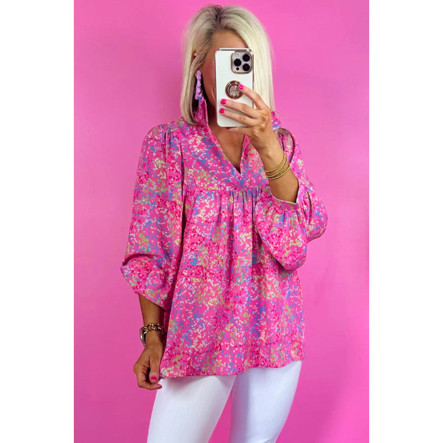 Bonbon Abstract Print Collared V Neck Babydoll Blouse Tops/Blouses &amp; Shirts