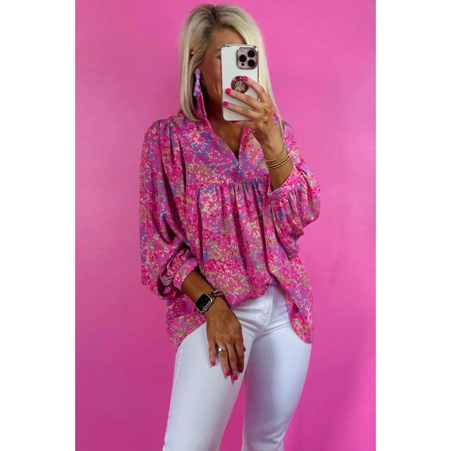 Bonbon Abstract Print Collared V Neck Babydoll Blouse Tops/Blouses &amp; Shirts