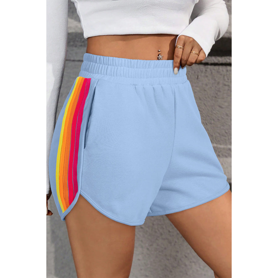 Bonbon Color Block Stripes Elastic High Waist Active Shorts Beau Blue / S / 85% Polyester + 10% Cotton + 5% Elastane Sale (50% OFF)/Sale