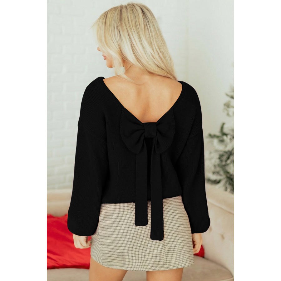 Bonbon Festive Bow Backless Bubble Sleeve Sweater Black / S / 65% Acrylic + 35% Polyamide Sweaters & Cardigans/Sweaters