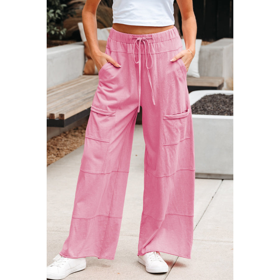 Bonbon Mineral Wash Exposed Seam Drawstring Elastic Waistband Wide Leg Cargo Pants Bottoms/Pants & Culotte