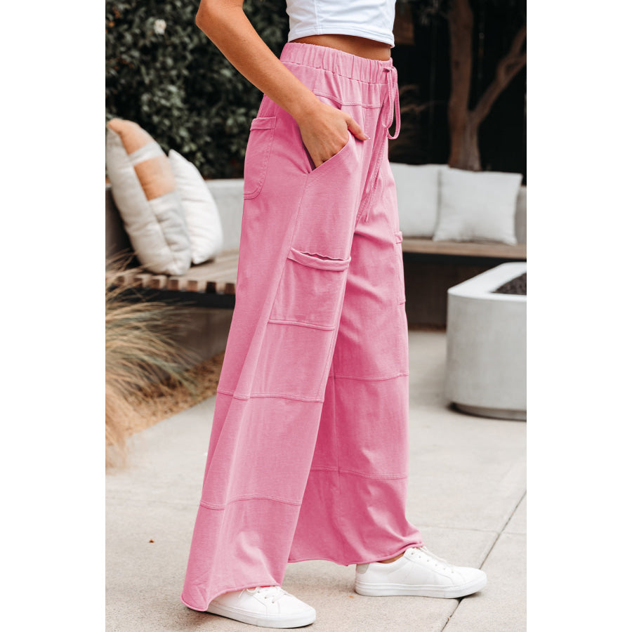 Bonbon Mineral Wash Exposed Seam Drawstring Elastic Waistband Wide Leg Cargo Pants Bottoms/Pants & Culotte