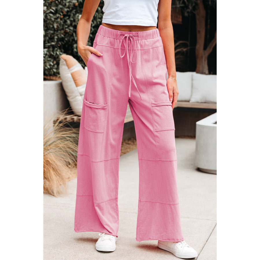 Bonbon Mineral Wash Exposed Seam Drawstring Elastic Waistband Wide Leg Cargo Pants Bonbon / S / 100% Cotton Bottoms/Pants & Culotte