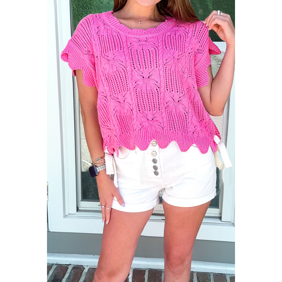 Bonbon Pointelle Knit Patterned Scalloped Trim Short Sleeve Sweater Bonbon / S / 100% Cotton Sweaters & Cardigans/Short Sleeve Sweaters