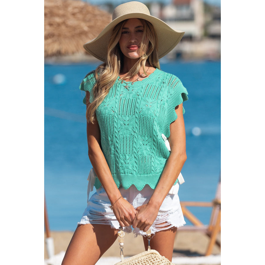 Bonbon Pointelle Knit Patterned Scalloped Trim Short Sleeve Sweater Sweaters & Cardigans/Short Sleeve Sweaters