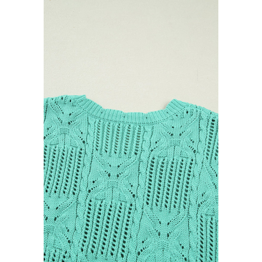 Bonbon Pointelle Knit Patterned Scalloped Trim Short Sleeve Sweater Sweaters & Cardigans/Short Sleeve Sweaters