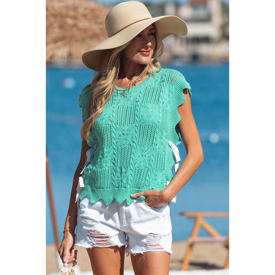 Bonbon Pointelle Knit Patterned Scalloped Trim Short Sleeve Sweater Sweaters & Cardigans/Short Sleeve Sweaters