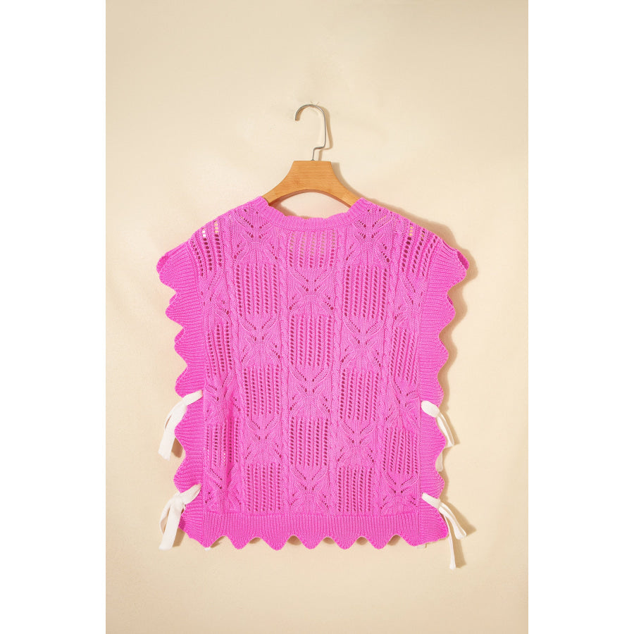 Bonbon Pointelle Knit Patterned Scalloped Trim Short Sleeve Sweater Sweaters & Cardigans/Short Sleeve Sweaters