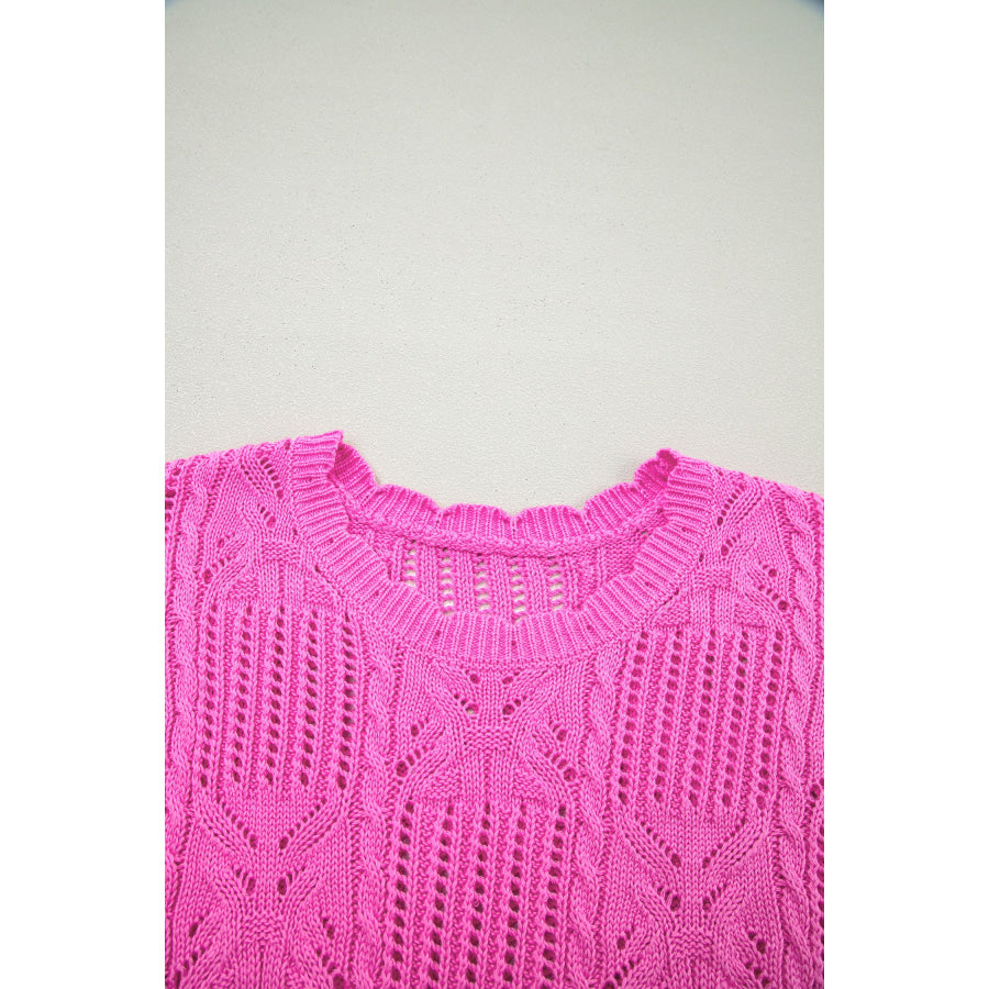 Bonbon Pointelle Knit Patterned Scalloped Trim Short Sleeve Sweater Sweaters & Cardigans/Short Sleeve Sweaters