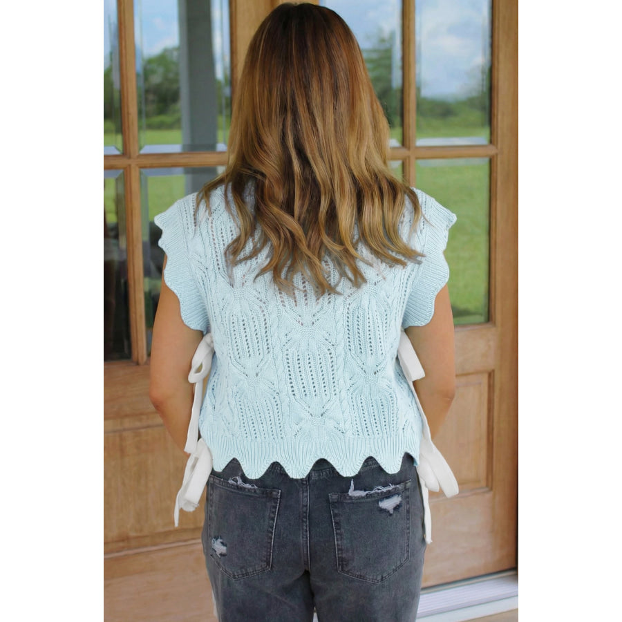 Bonbon Pointelle Knit Patterned Scalloped Trim Short Sleeve Sweater Sweaters & Cardigans/Short Sleeve Sweaters
