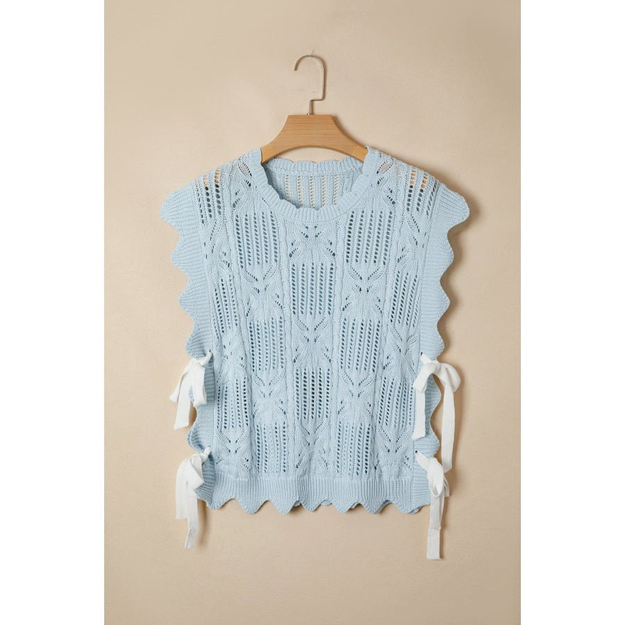 Bonbon Pointelle Knit Patterned Scalloped Trim Short Sleeve Sweater Sweaters & Cardigans/Short Sleeve Sweaters