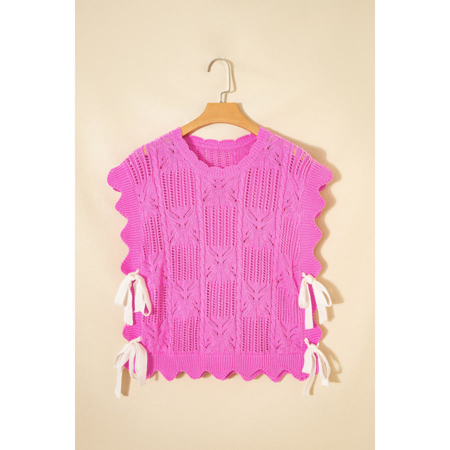 Bonbon Pointelle Knit Patterned Scalloped Trim Short Sleeve Sweater Sweaters & Cardigans/Short Sleeve Sweaters