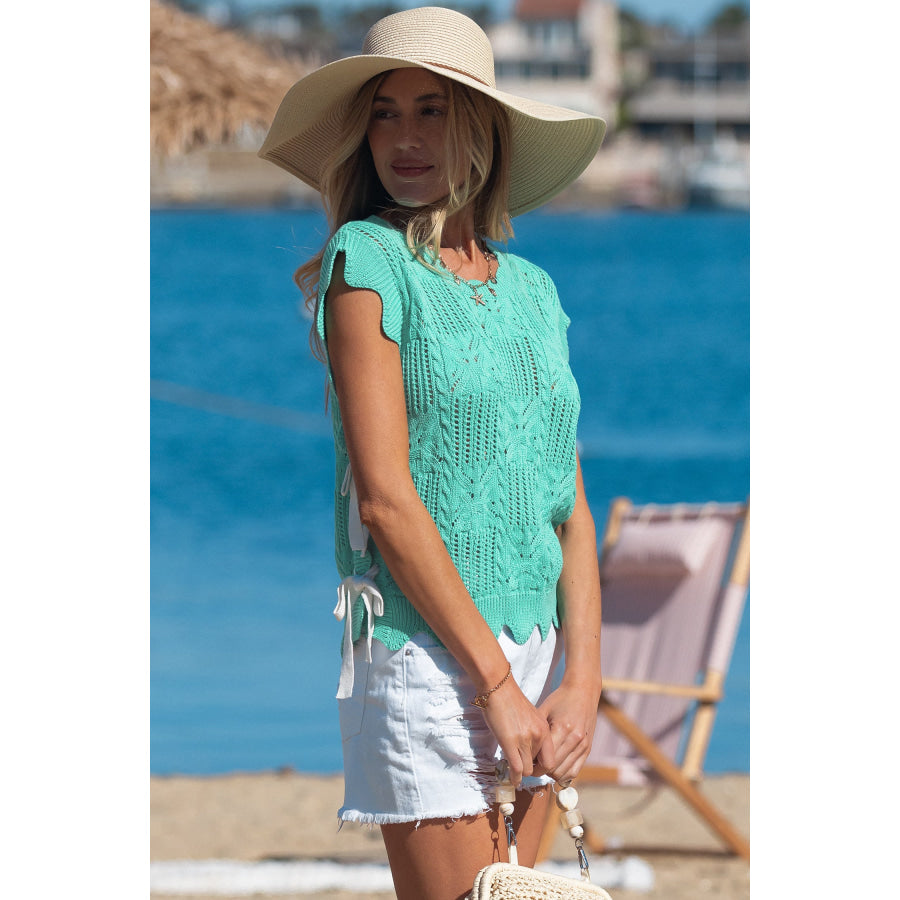 Bonbon Pointelle Knit Patterned Scalloped Trim Short Sleeve Sweater Sweaters & Cardigans/Short Sleeve Sweaters