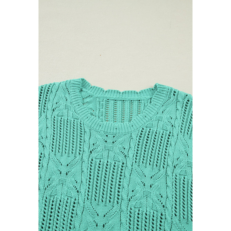 Bonbon Pointelle Knit Patterned Scalloped Trim Short Sleeve Sweater Sweaters & Cardigans/Short Sleeve Sweaters