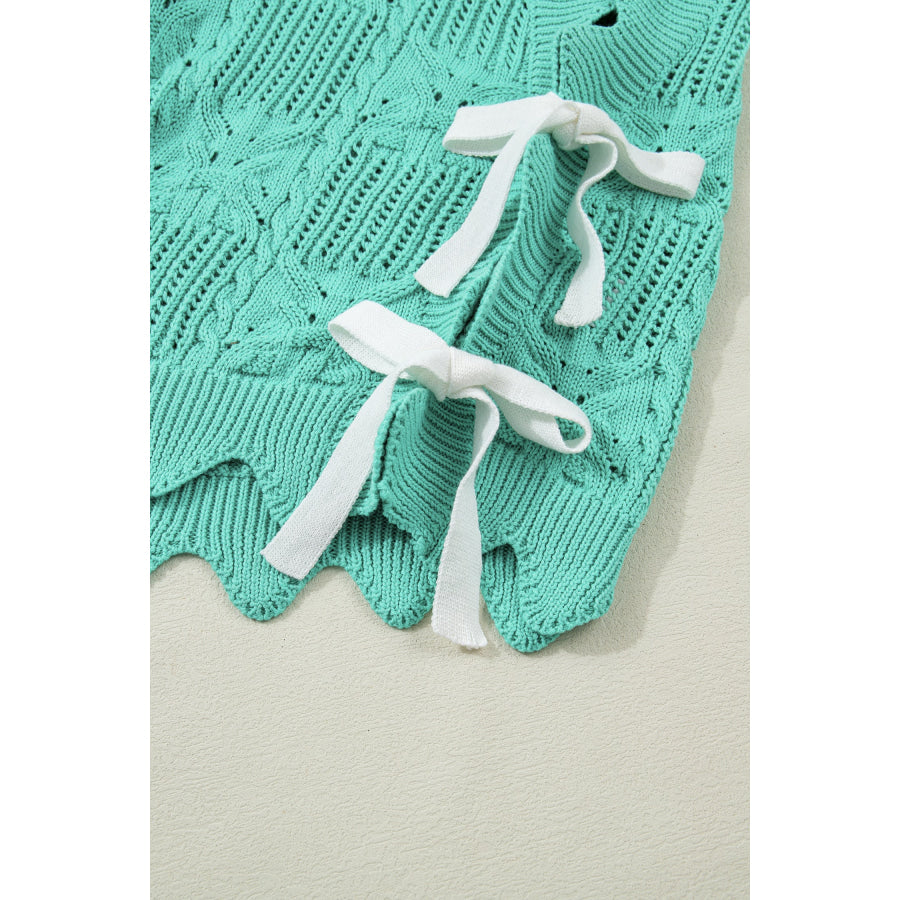 Bonbon Pointelle Knit Patterned Scalloped Trim Short Sleeve Sweater Sweaters & Cardigans/Short Sleeve Sweaters