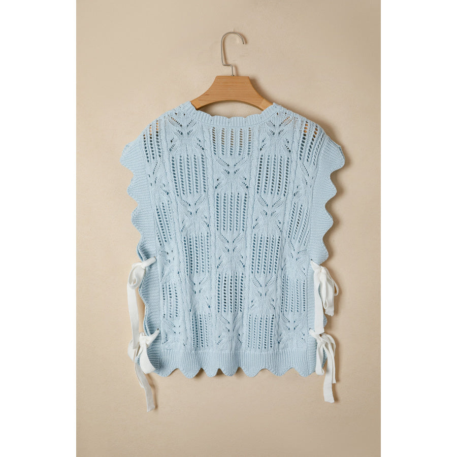 Bonbon Pointelle Knit Patterned Scalloped Trim Short Sleeve Sweater Sweaters & Cardigans/Short Sleeve Sweaters